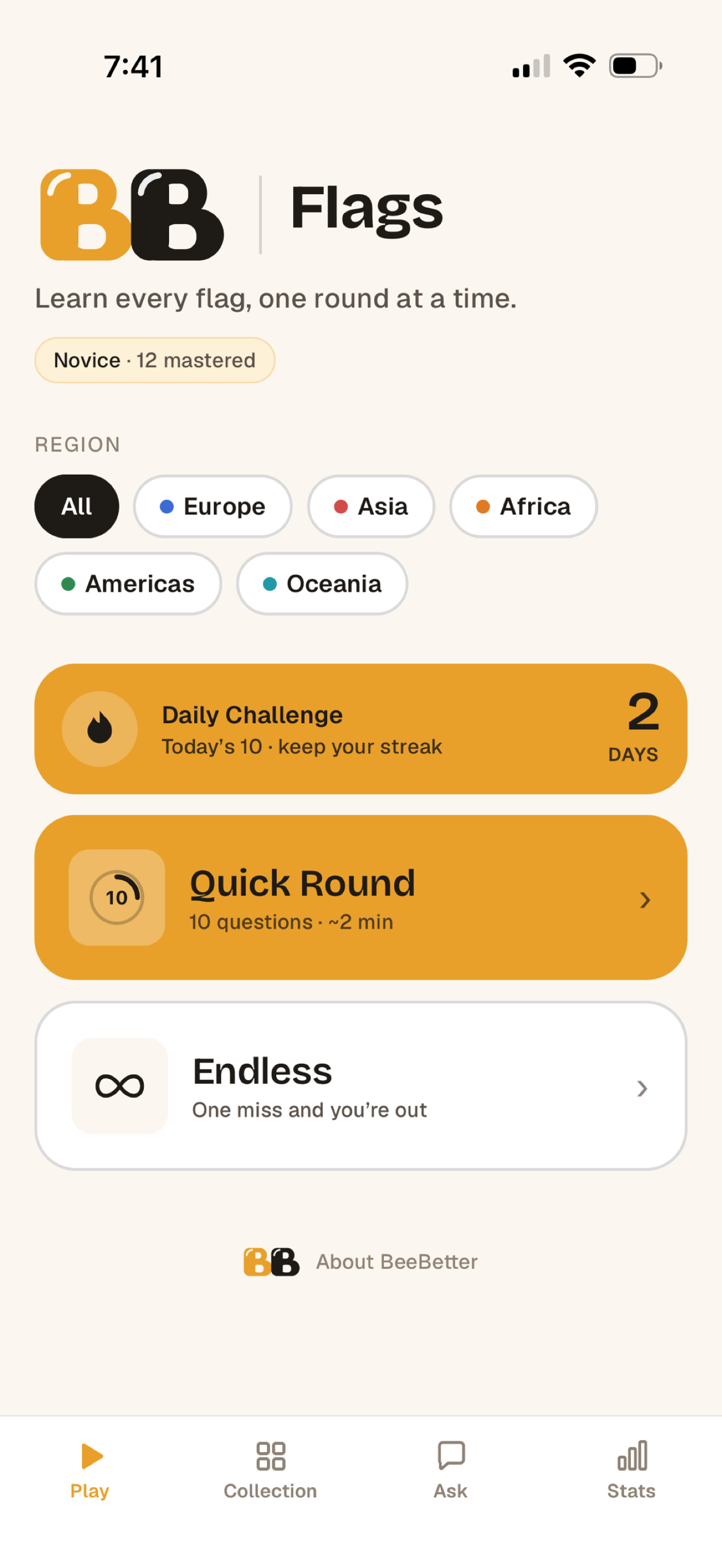 BeeBetter: Flags home screen